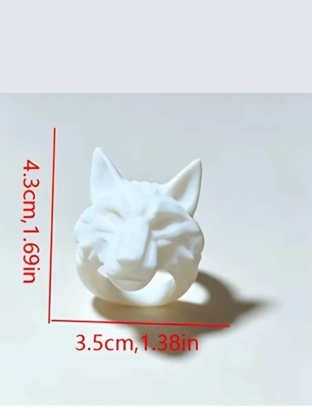 White Ceramic 3D Wolf Head Ring Sculpture Design Adjustable Size 9-14